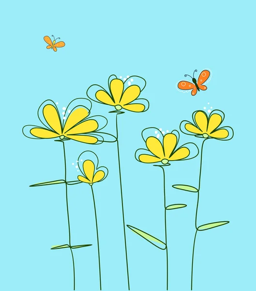 Painted postcard with yellow flowers and butterflies — Stock Photo, Image