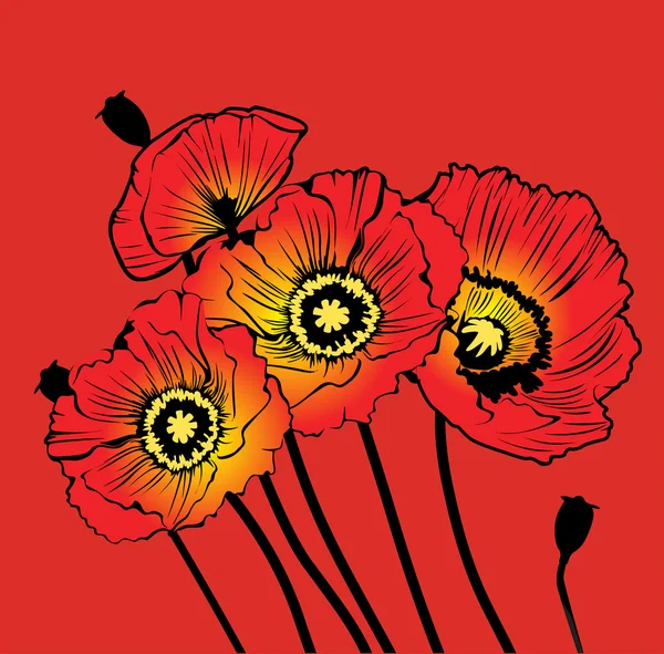 stock image Postcard with red poppies on a red background