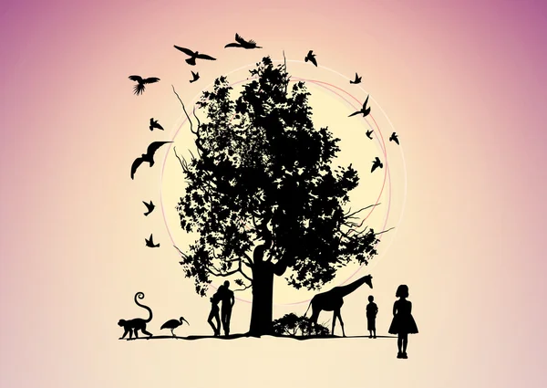 Φανταστική εικόνα με τα ζώα και το δέντρο — Φωτογραφία Αρχείου