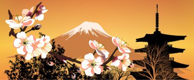 Postcard Sakura Japanese mountains and houses clipart