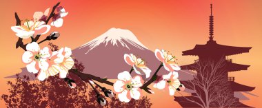Sakura mountains and Japanese houses clipart