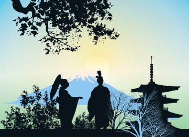 Beautiful picture of a geisha, mountains and trees clipart