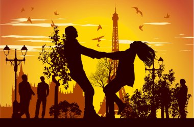 Boy and girl swirling in the street in Paris clipart