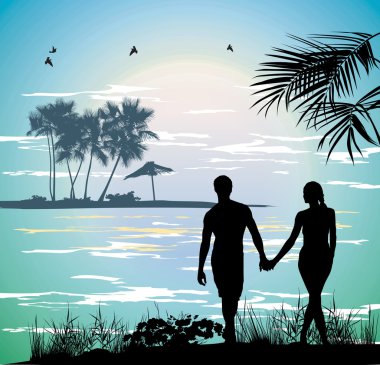 Couple holding hands on the beach going on the ocean clipart
