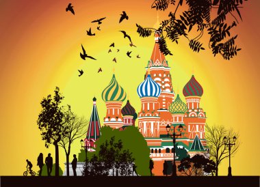 Lot of walking on the Red Square at sunset clipart