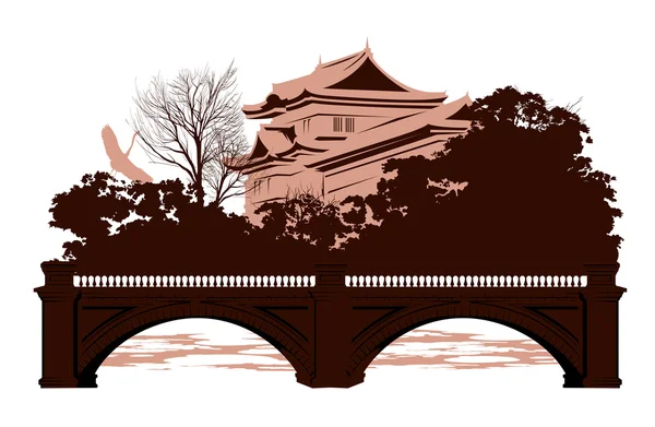 Ansichtkaart met Japanse huizen en een brug — Stockfoto