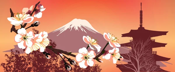 Sakura mountains and Japanese houses — Stock Photo, Image