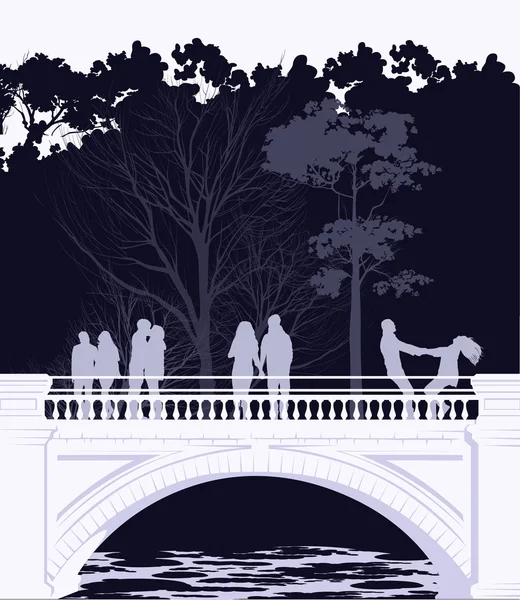 Unga gå över bron i parken — Stockfoto