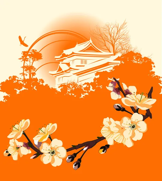 Tarjeta con una flor sakura y casas japonesas — Foto de Stock