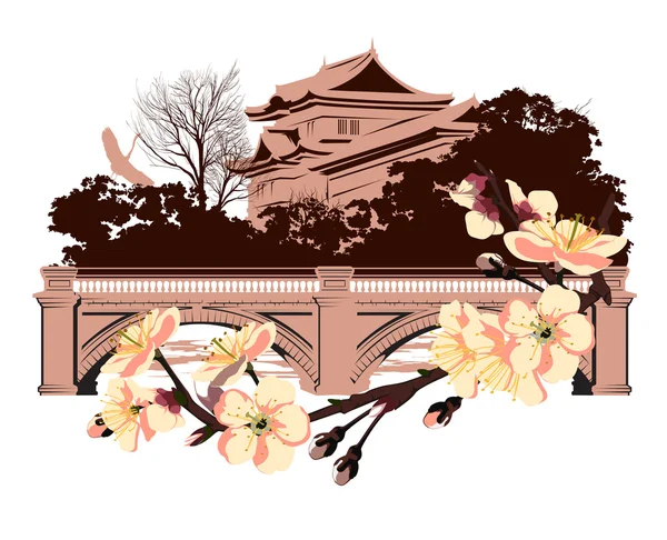 Třešňový květ na pozadí japonského domu — Stock fotografie