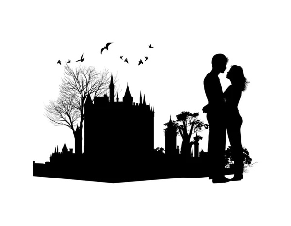 Coppia innamorata sullo sfondo di un antico castello — Foto Stock