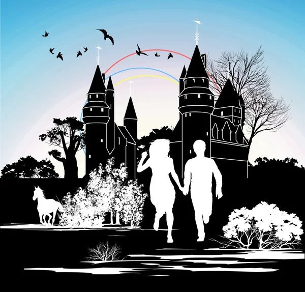 Silueta corriendo pareja amorosa en frente del castillo — Foto de Stock