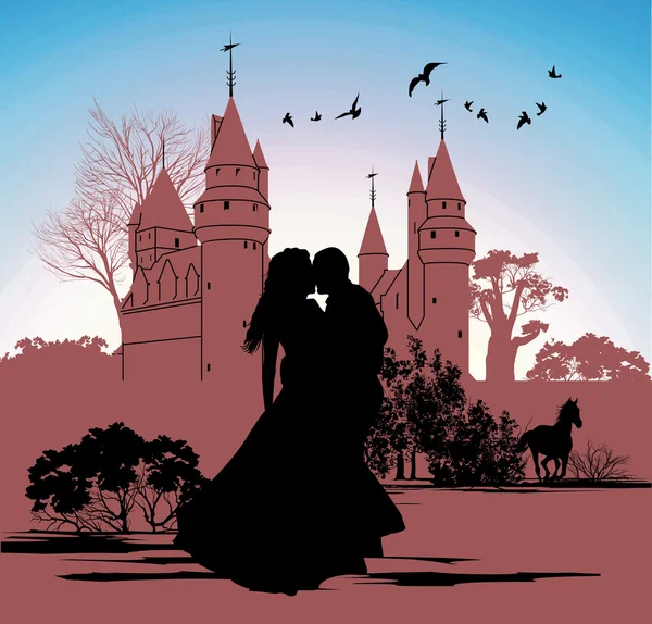 Silhouettes of the bride and groom on the backdrop of an ancient castle — Stock Photo, Image
