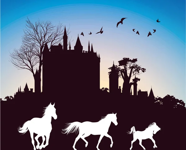 Silhouetten von drei Pferden, die im Hintergrund der alten Burg bei Sonnenaufgang laufen — Stockfoto