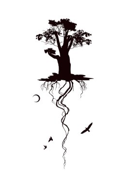 Oak with roots hanging in the air clipart