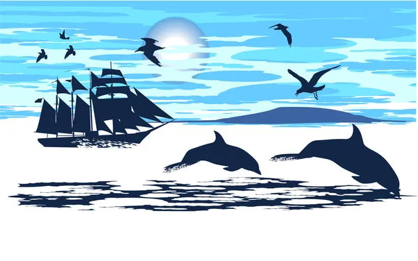 Dolfijnen vergezeld gaan van het schip — Stockvector