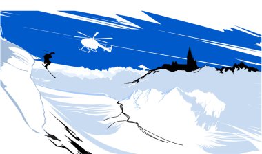 Skier goes down from snowy mountain peaks clipart