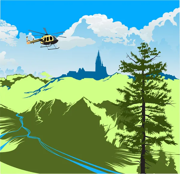 Helikopter flyger över den gröna dalen — Stock vektor