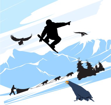 Snowboard man jump on the mountains background clipart