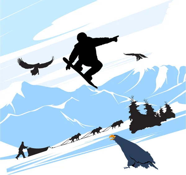 Snowboard homem saltar sobre o fundo das montanhas — Vetor de Stock