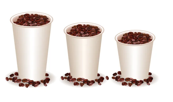 Три бумажные кофейные чашки с кофейными зёрнами — стоковый вектор