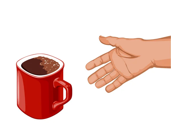 Hand gaat naar de rode kopje koffie om haar te nemen — Stockvector