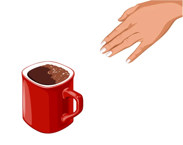 Mano va a la taza de café que llevarla roja — Stockvector