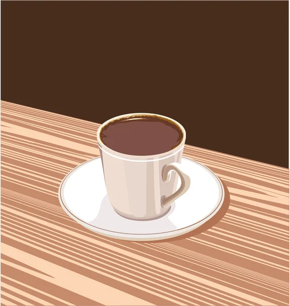 Kopje koffie op een schotel staande op een bruine achtergrond — Stockvector