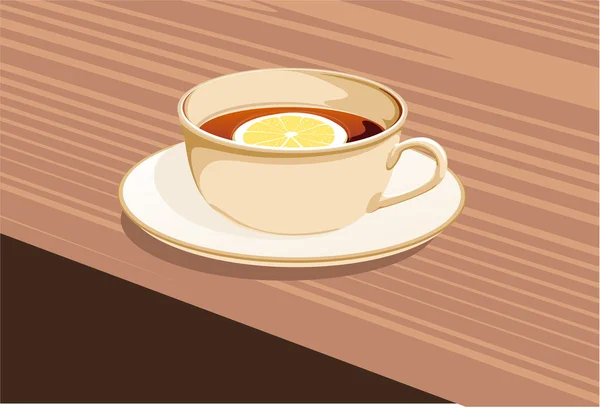 Xícara de chá e um limão fica em um pires —  Vetores de Stock