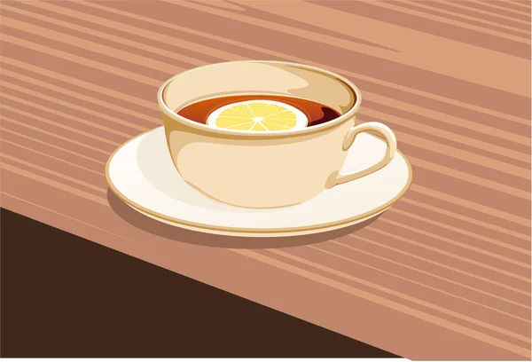 stock vector cup of tea and a lemon stands on a saucer