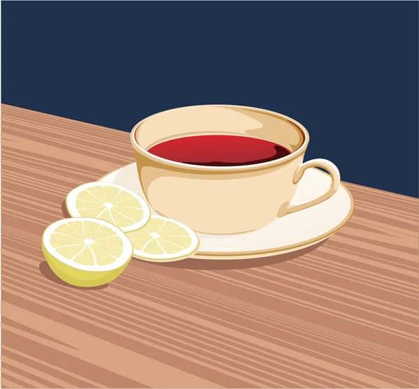 Tasse Tee und Zitronenscheiben auf der Untertasse und auf dem Tisch — Stockvektor