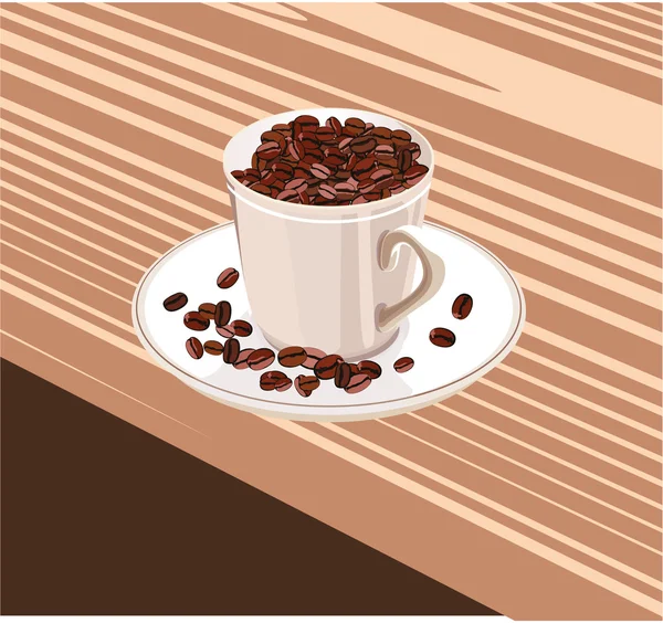 Csésze kávé babbal, a fehér csészealj van az asztalon — Stock Vector
