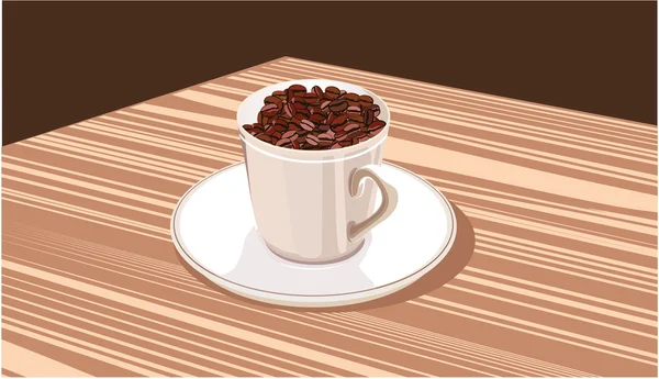 Cangkir dengan biji kopi berdiri di piring putih - Stok Vektor