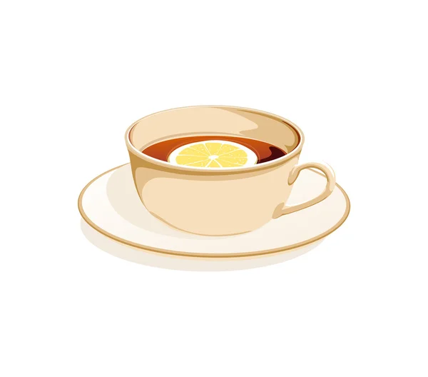 Tasse Tee und eine Zitrone auf einem Teller auf weißem Hintergrund — Stockvektor