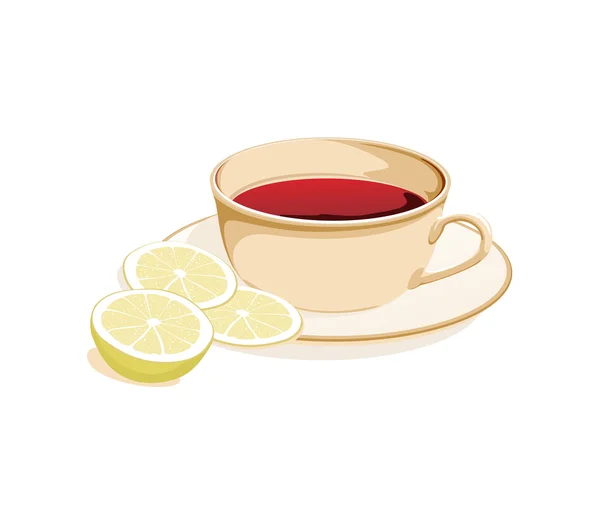 Tasse Tee und Zitronenscheiben auf einem Teller auf weißem Hintergrund — Stockvektor