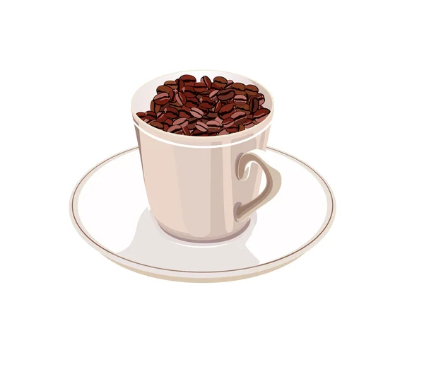 Tazza con chicchi di caffè su un piattino su uno sfondo bianco — Vettoriale Stock