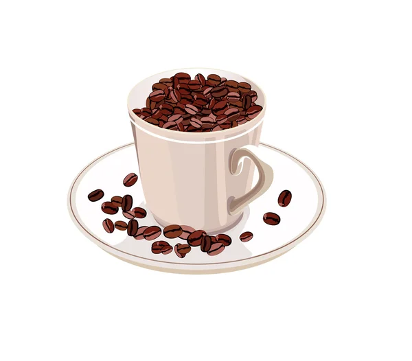 Tasse avec grains de café sur une soucoupe blanche sur un fond blanc — Image vectorielle