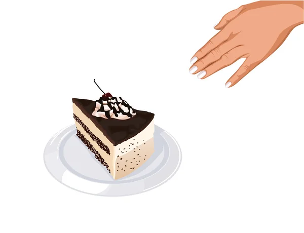 Stuk van chocolade taart met kersen op een plaat met een hand — Stockvector