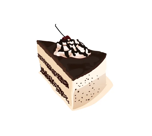 Pedazo de pastel de chocolate con cerezas sobre fondo blanco — Vector de stock