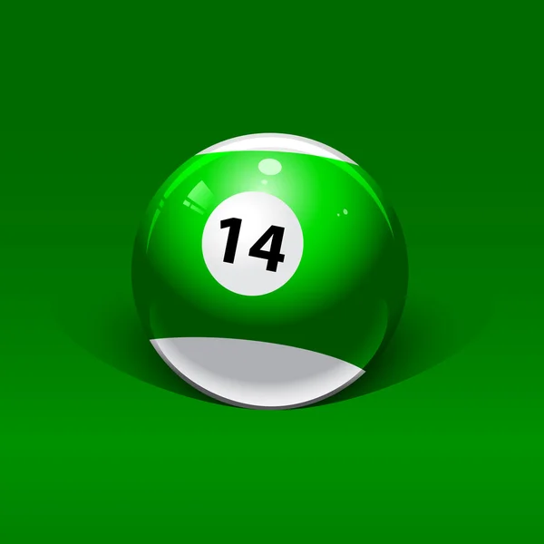 Grün-weiße Billardkugel Nummer vierzehn auf grünem Backgro — Stockvektor