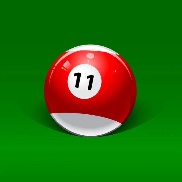 Red and white billiard ball number eleven on a green background — Stock Vector