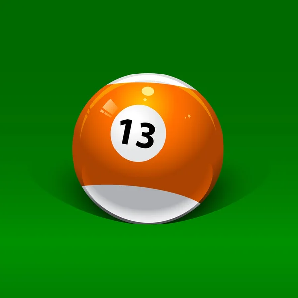 Orange-weiße Billardkugel Nummer dreizehn auf einem grünen Backgr — Stockvektor