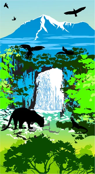 Jungle animals on the waterfall and mountains — Stock Vector