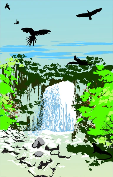 Cachoeira na selva — Vetor de Stock