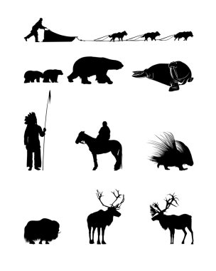 Winter Silhouettes of animals, sled dogs and the Indian clipart