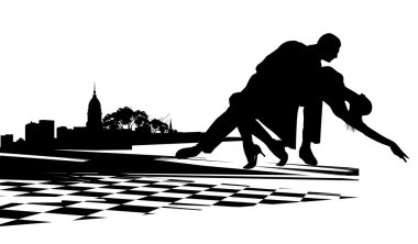 Couple dancing the tango agains the backdrop of city buildings clipart
