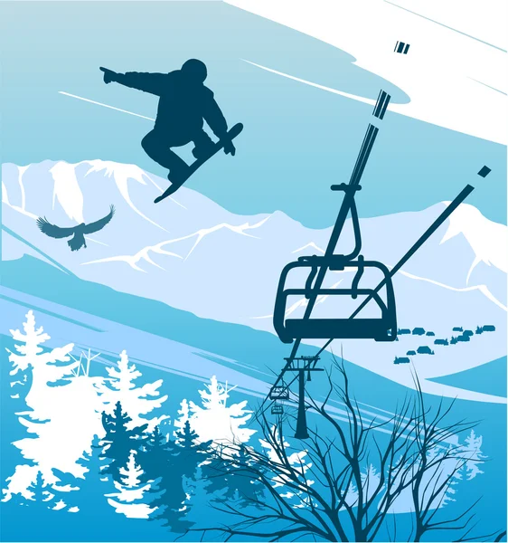 Snowboarder sobre un fondo de montañas y telesilla — Foto de Stock