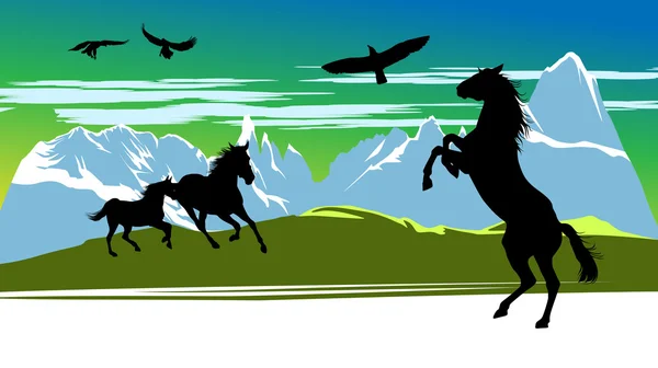 stock image Black horses on the mountains background