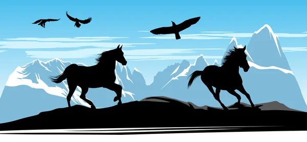 雪山脉背景上的黑色马 — 图库照片