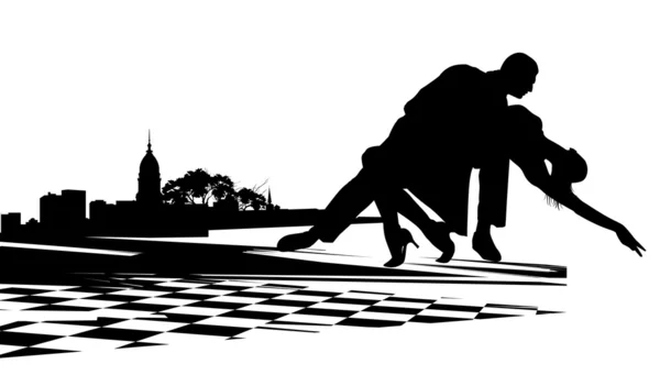 Пара танцующих танго на фоне городских зданий — стоковое фото